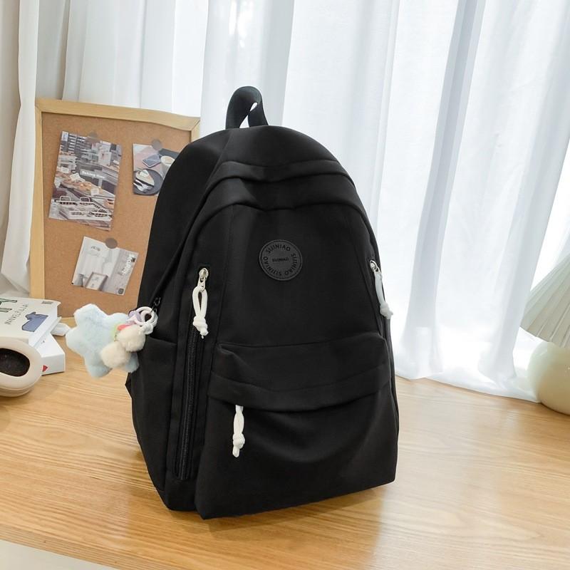 Simple Solid Color Student Lightweight Backpack With Plush Pendant For School