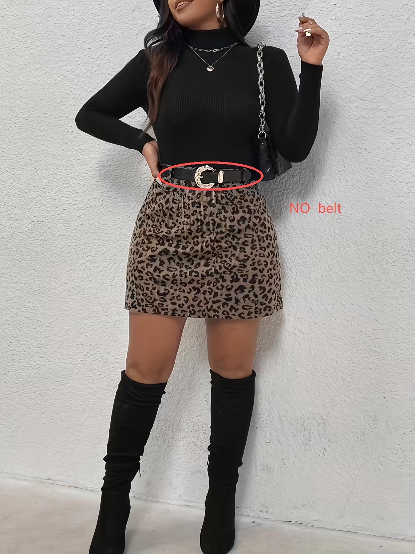 

Elegant Plus Size Leopard Print Corduroy High-Waist Skirt L коричневий