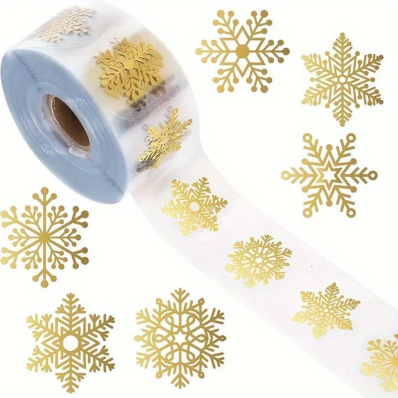 500pcs/roll Golden Snowflake Christmas Stickers with Circular Transparent Base and Different Snowflake Shapes Gift Decor Sticker 2.5cm