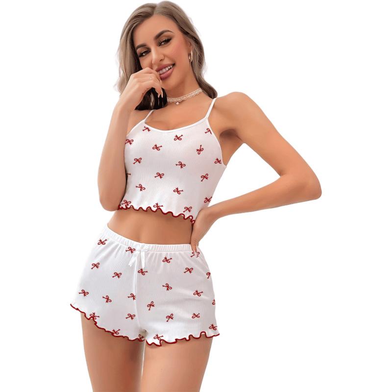 European and American Style Women's Fashion Floral Ribbed Cami Top and Shorts Pajamas Set Fresh Casual Midriff-Baring Loungewear