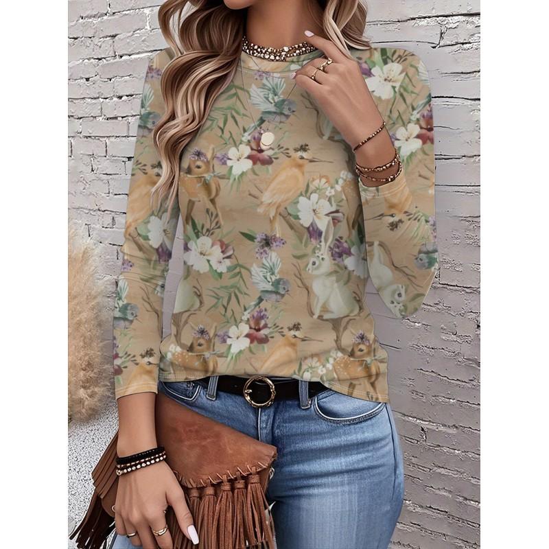 Womens Round Neck 3D Dinosaur Print Tee - Casual Fit 7/8 Sleeve 2025