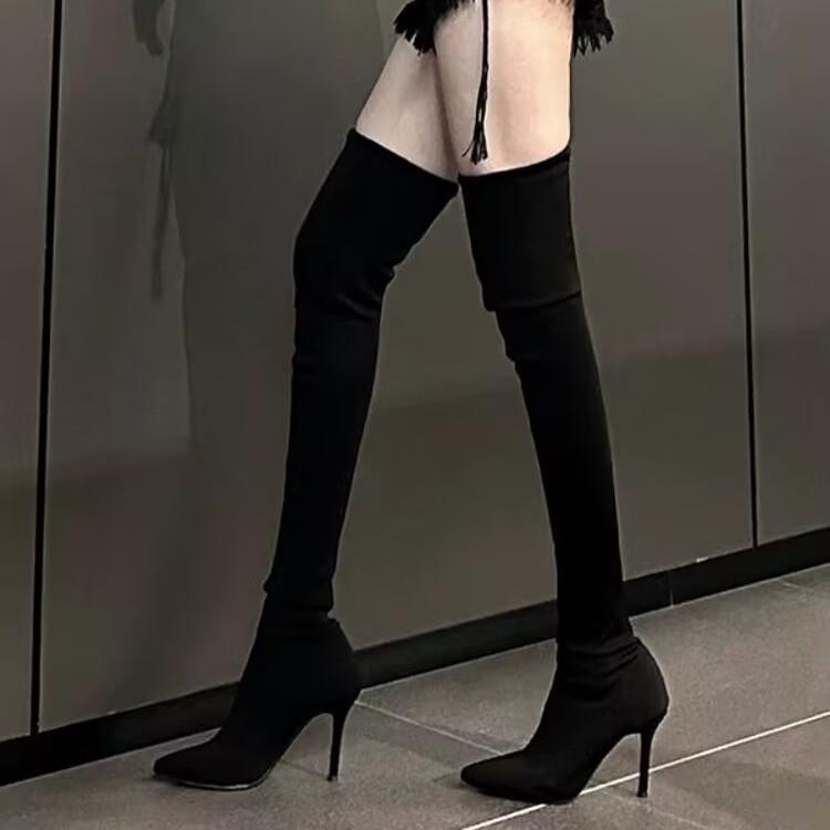 Pointed High-heeled Boots for Women's Autumn and Winter New Black Suede Elastic Thin Boots Over the Knee Thin Heel Elastic Boots
