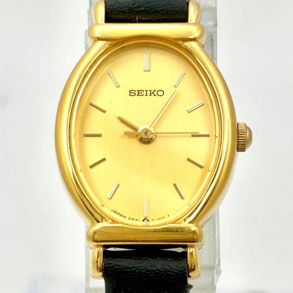 Used Excellent condition/New battery SEIKO Ladies' watch Gold Oval 2P21-5D10 163972 New strap