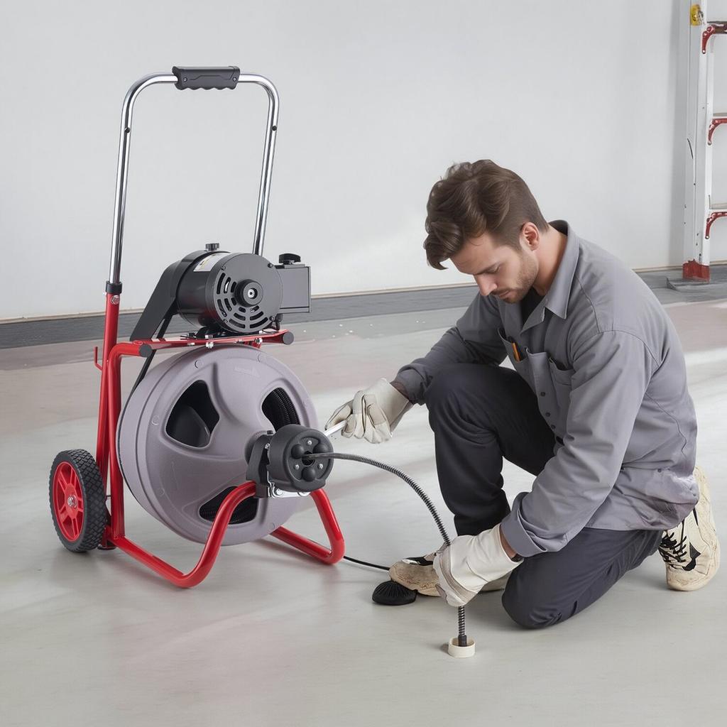 Drain Cleaner Machine 30m X 9.5mm, Auto Feed Sewer Snake Drain Auger On Wheels, Portable Drain Cleaning Machine with 8 Cutters & Air-Activated Foot