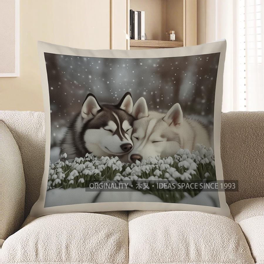Home Decor Cute Husky Couple In Flower Garden Pillow Cover Pattern Cushion Cover Suitable For Sofa Bedroom Car Pillow Cover