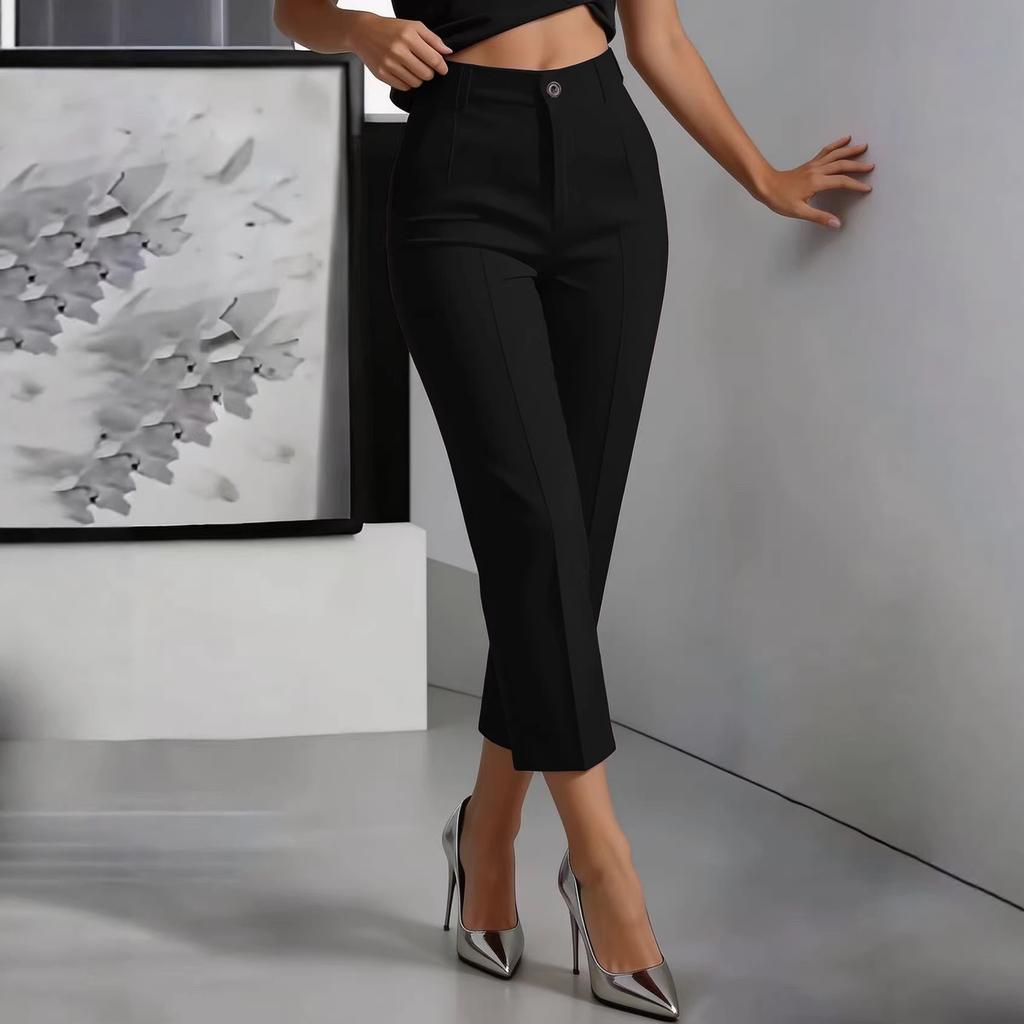 2026 New European and American Cross-border Amazon Foreign Trade Solid Color High Waist Drape Straight Simple Suit Nine-point Pants Women's Clothing