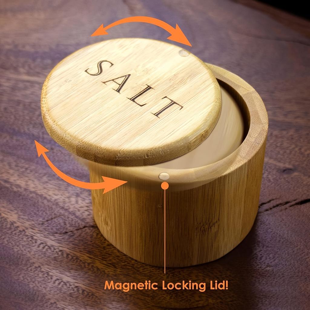 1 Stück Salzbehälter, Salzdose aus Bambus, Salzbehälter mit Löffel, Salzhalter mit Deckel, Salzstreuer, Kümmel- und Pfefferschale mit magnetisch schwenkbarem Deckel