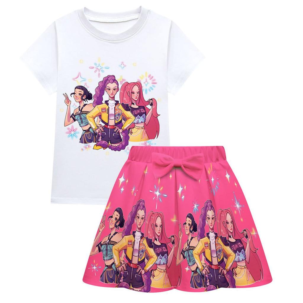 Modisches Bequemes Hexenjagd Cosplay Anime Print Mädchen Kurzarm Faltenrock Weiches Set für Kinder