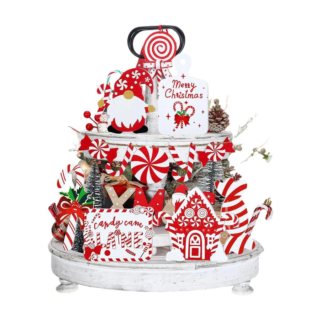 Festive Christmas Tiered Tray Decor Set with Colorful Gnomes and Wooden Farmhouse Accents for Home and Party Décor