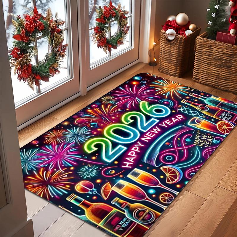 New Year Carpet Mat Rug Home Decoration Festive Fireworks Gift Pattern Entrance Door Mat Non-Slip Home Rug Welcome Mat