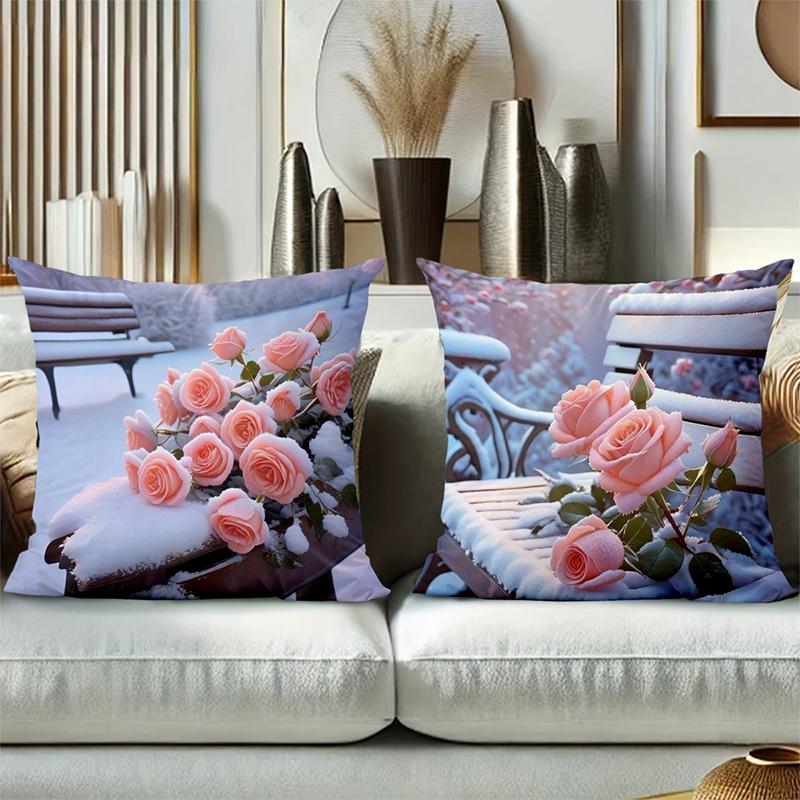 Pink Roses On Snowy Scenes Decorative Throw Pillows Polyester pillowcase, sofa decorative cushion cov Headboard Pillow