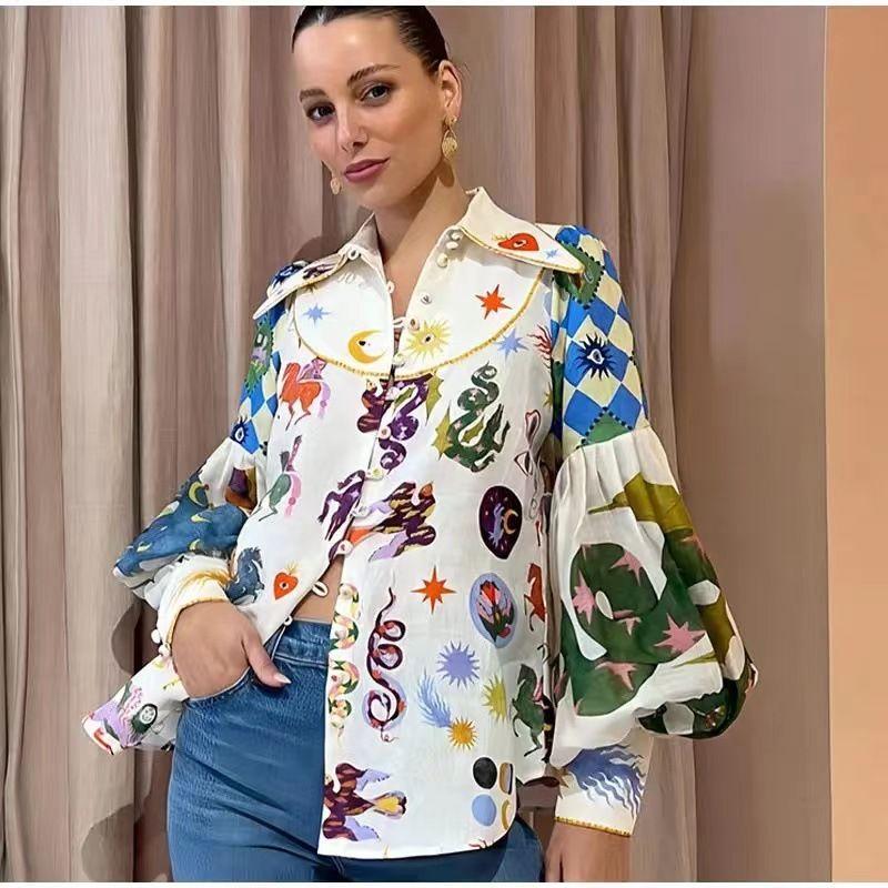 

2025 Spring & Fall New Niche Design Single-Breasted Lapel Print Lantern Sleeve Temperament Long Sleeve Shirt Women s Shirt White 2XL