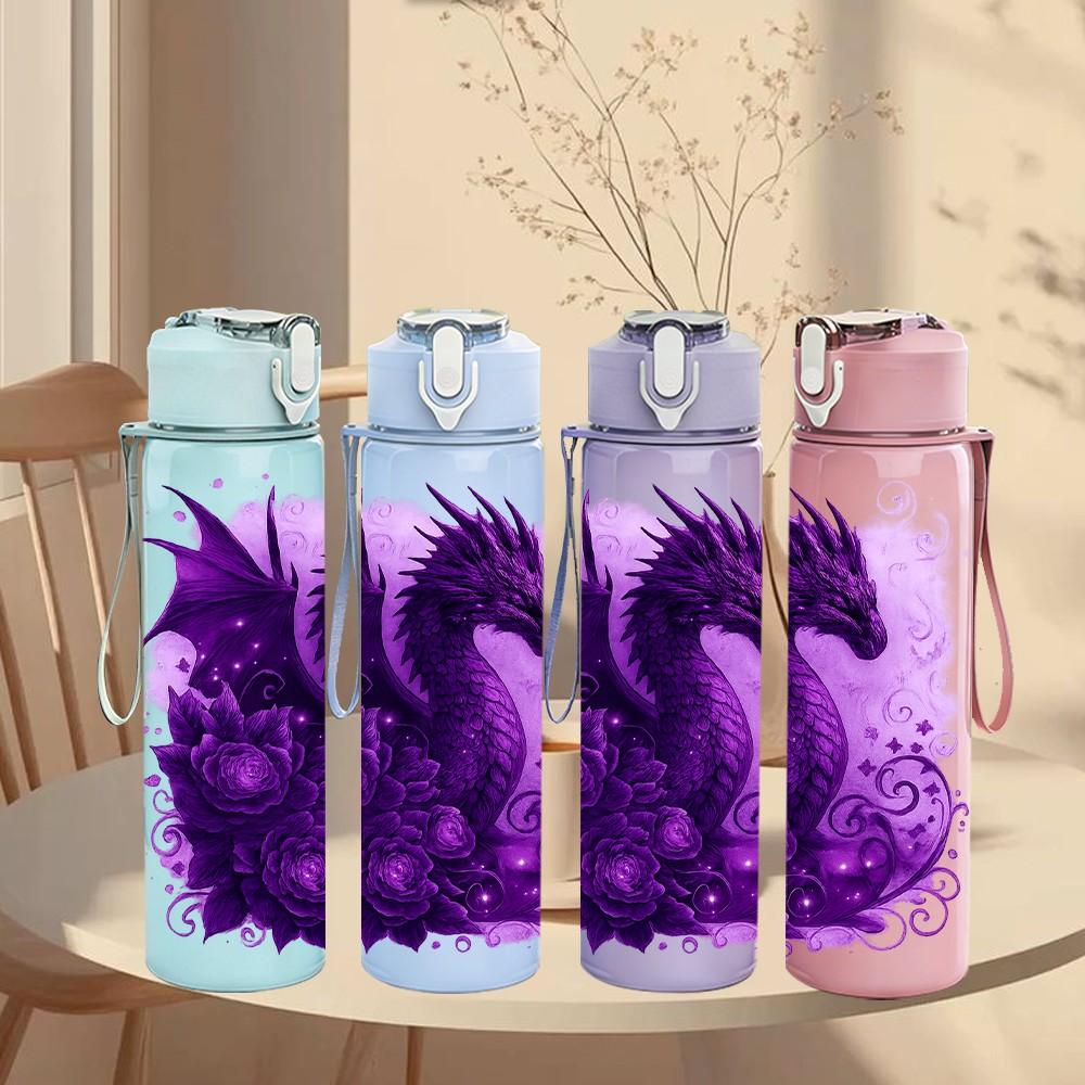 1PC Dark Purple Smoke Dragon Art Print 750ml Color Plastic Sports Water Bottle Leakproof Flip Straw Lid Suitable for Sports Office Home Use