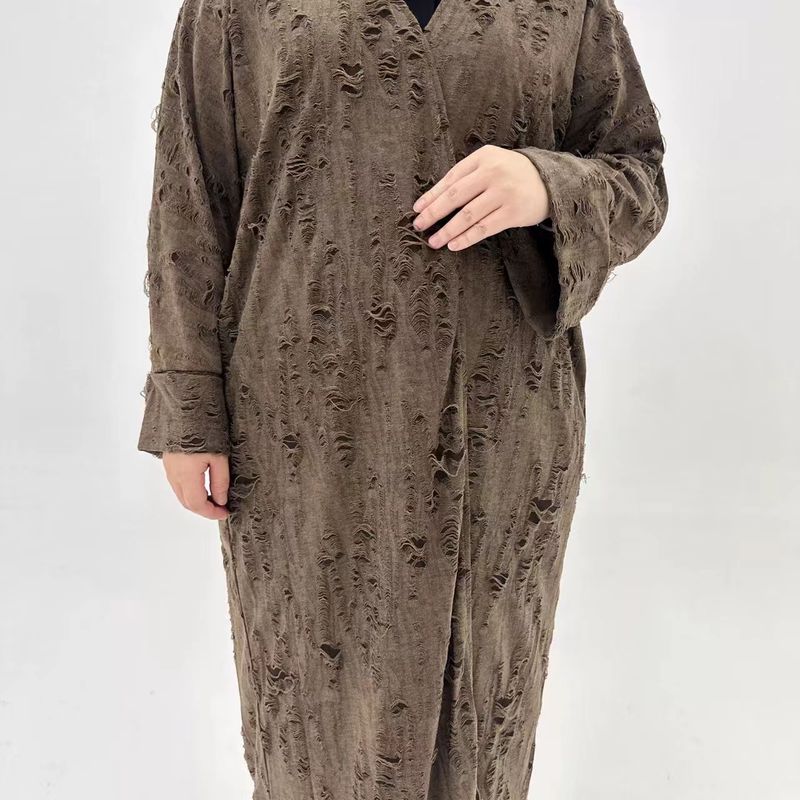 

New Arrival Middle East Turkey Ripped Cool Cardigan Robe Dress Lace up Torn Hole Dress Dark Coffee L