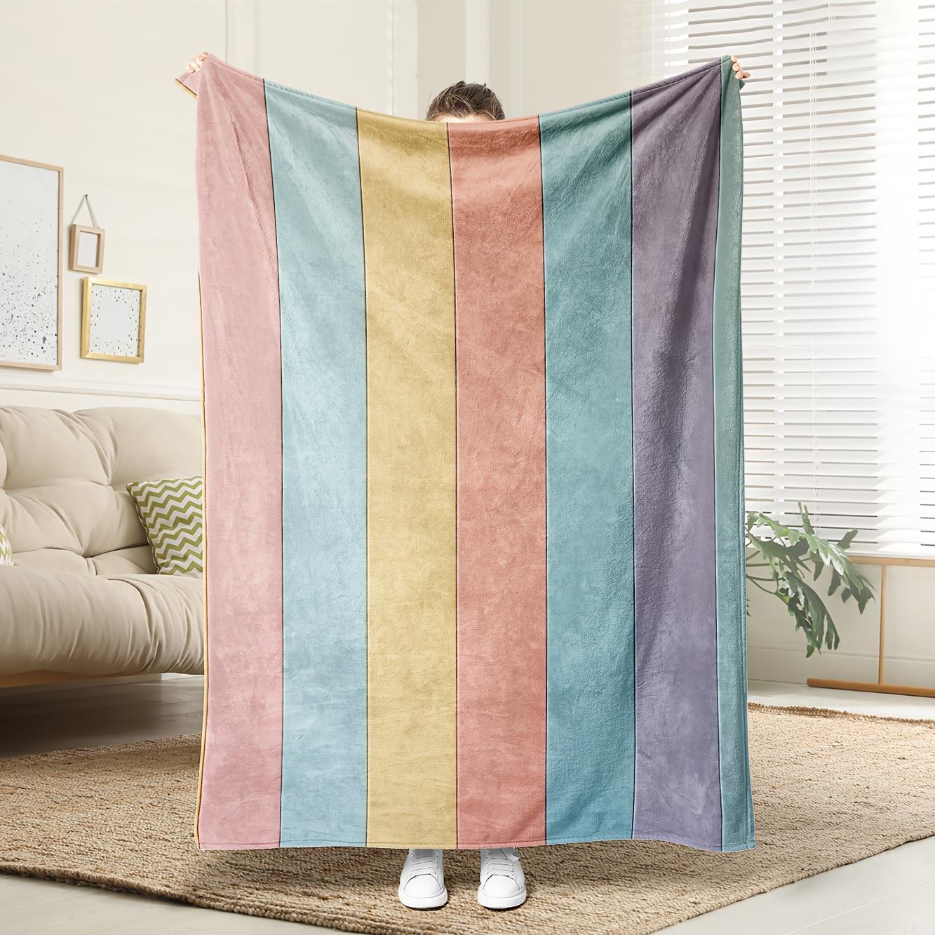 1pc Extra Long Soft Flannel Throw Blanket - Pastel Rainbow Colors Orange Yellow Blue PurpleTurquoise- All-S 130x150cm51x59in