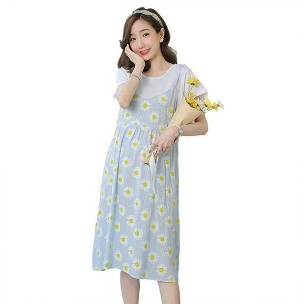 2025 Celebrity-Inspired Maternity Summer Two-Piece Patchwork Dress - Short Sleeve, Mid-Length, Loose Fit