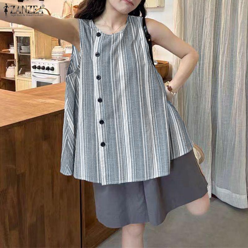 ZANZEA Women Casual Round Neck Loose Stripe Sleeveless Tank Tops