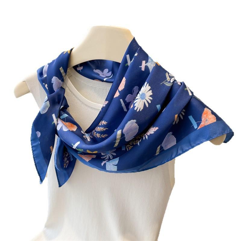 Fresh Retro Printed High-end Silk Scarf Imitation Square Shawl Versatile Neck Small Women
