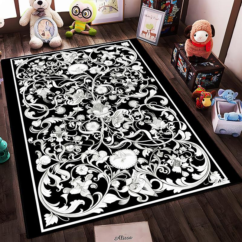 Floral Pattern Carpet with Black Background and White Leaves Design Suitable for Use As an Anti-slip for Living Room Bedroom Sofas