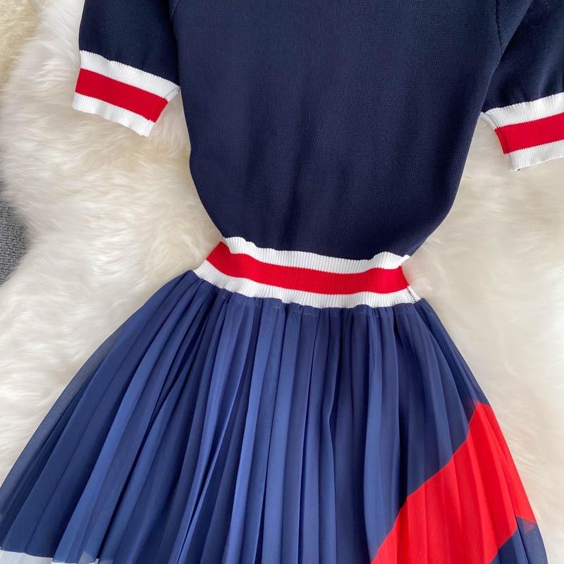 Women's Knitted Short Sleeve Colourblocked Stripe Patchwork Pressed Dress Summer Dresses