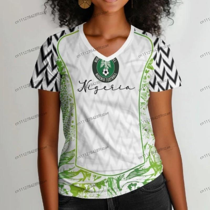 Maglietta da tifoso di calcio ispirata alla Nigeria da donna con motivo aquila verde bianca, scollo a V, manica corta, top casual da tifoso