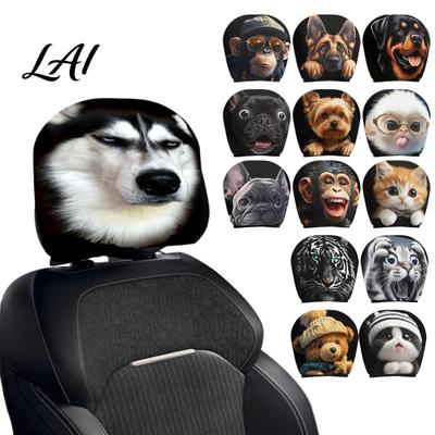 Stretchable Auto Interior Decor 2PCS Universal Knitting Car Headrest Cover Dog/Cat/Tiger/Monkey Protective Covers for Seats Printed Breathable
