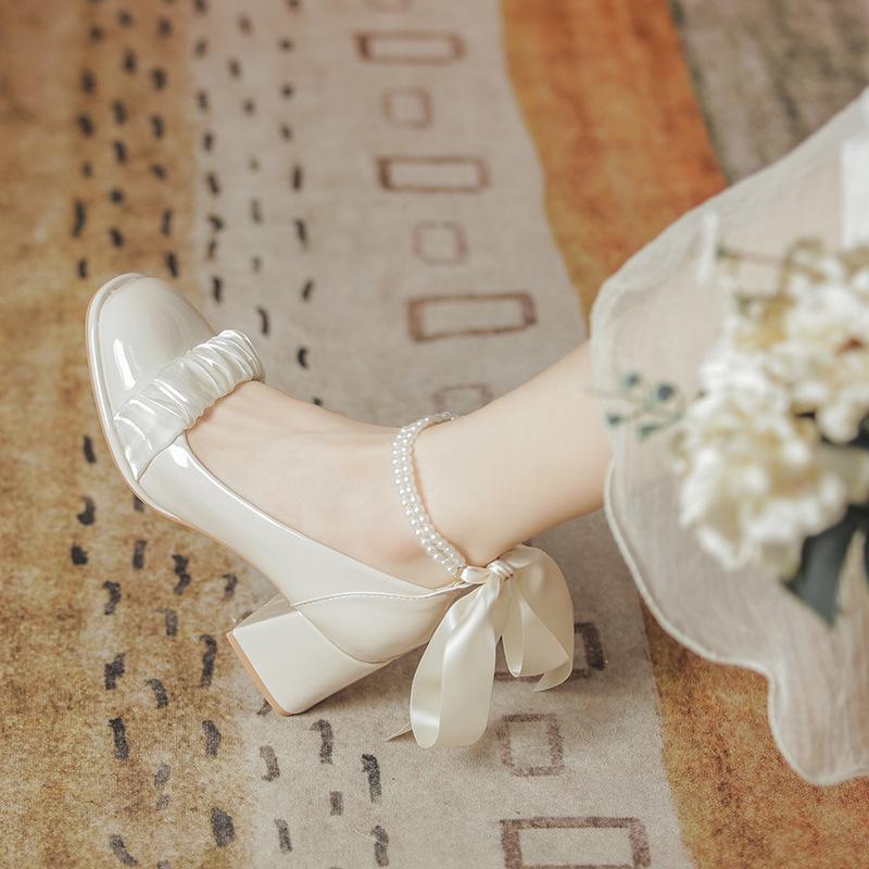 Scarpe da damigella d'onore per fidanzamento vento fatato non stancano da indossare quotidianamente, delicato vento serale tacchi spessi tacchi alti Mary Jane scarpe singole donne