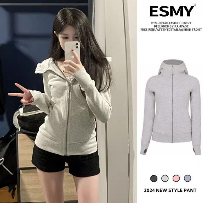 

In-Stock Pink Hooded Sweatshirt for Women - Spring/Autumn Petite Casual Zipper Jacket L