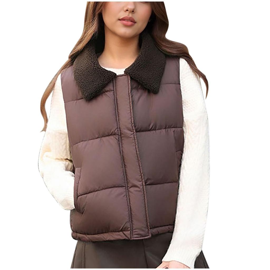 Vêtement d'extérieur pour femme de couleur unie avec col, gilet thermique en coton