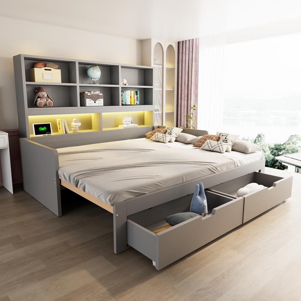 Wooden Sofa Bed 90/180 x 200 cm, Pull-Out Bed, LED Lighting, Youth Bed Frame With Sockets, Open Storage Compartments and Drawers, Grey