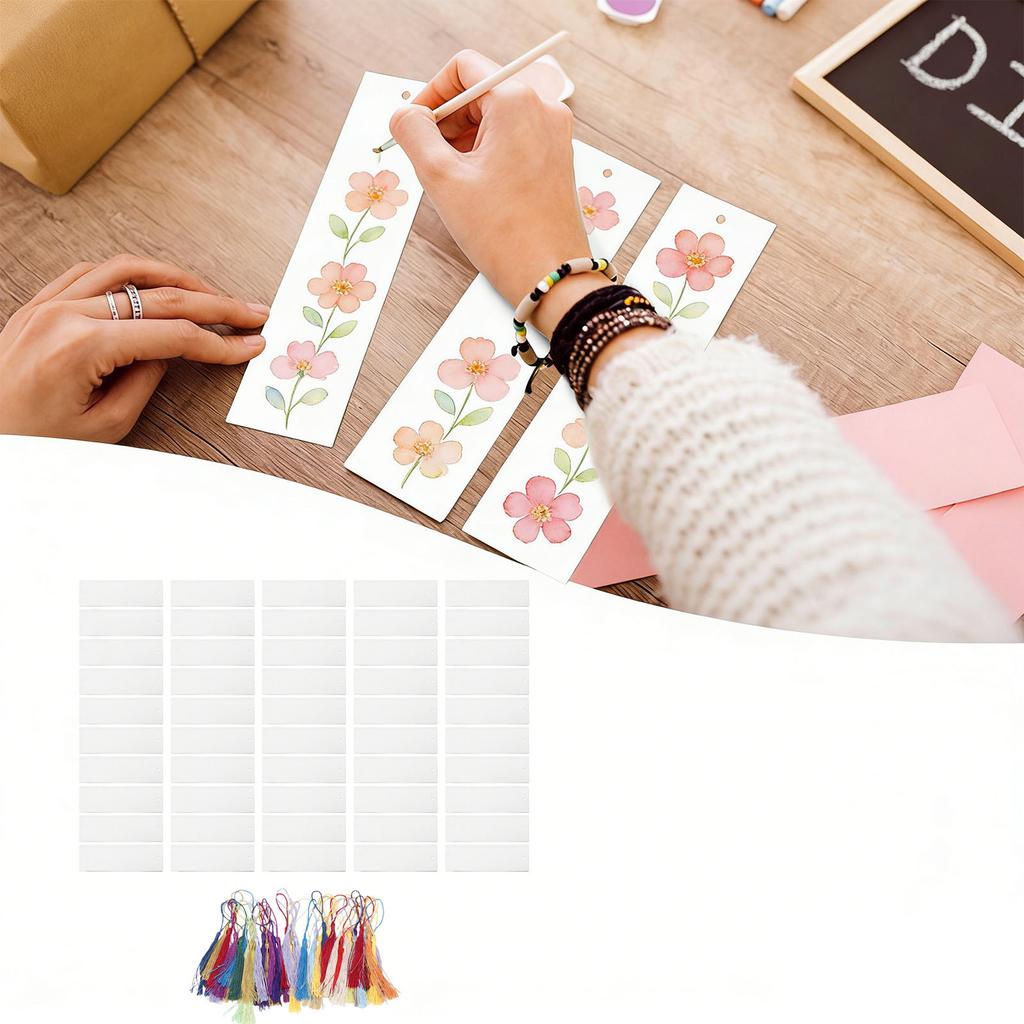 50pcs Watercolor Paper Blank Bookmarks with Tassels Holes Paintable Reusable Blank Book Page Markers for Birthday
