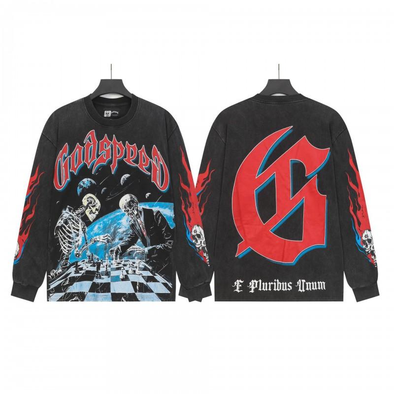 Unisex Vintage Skull Print Washed Cotton Long Sleeve Hoodie Streetwear Loose Fit