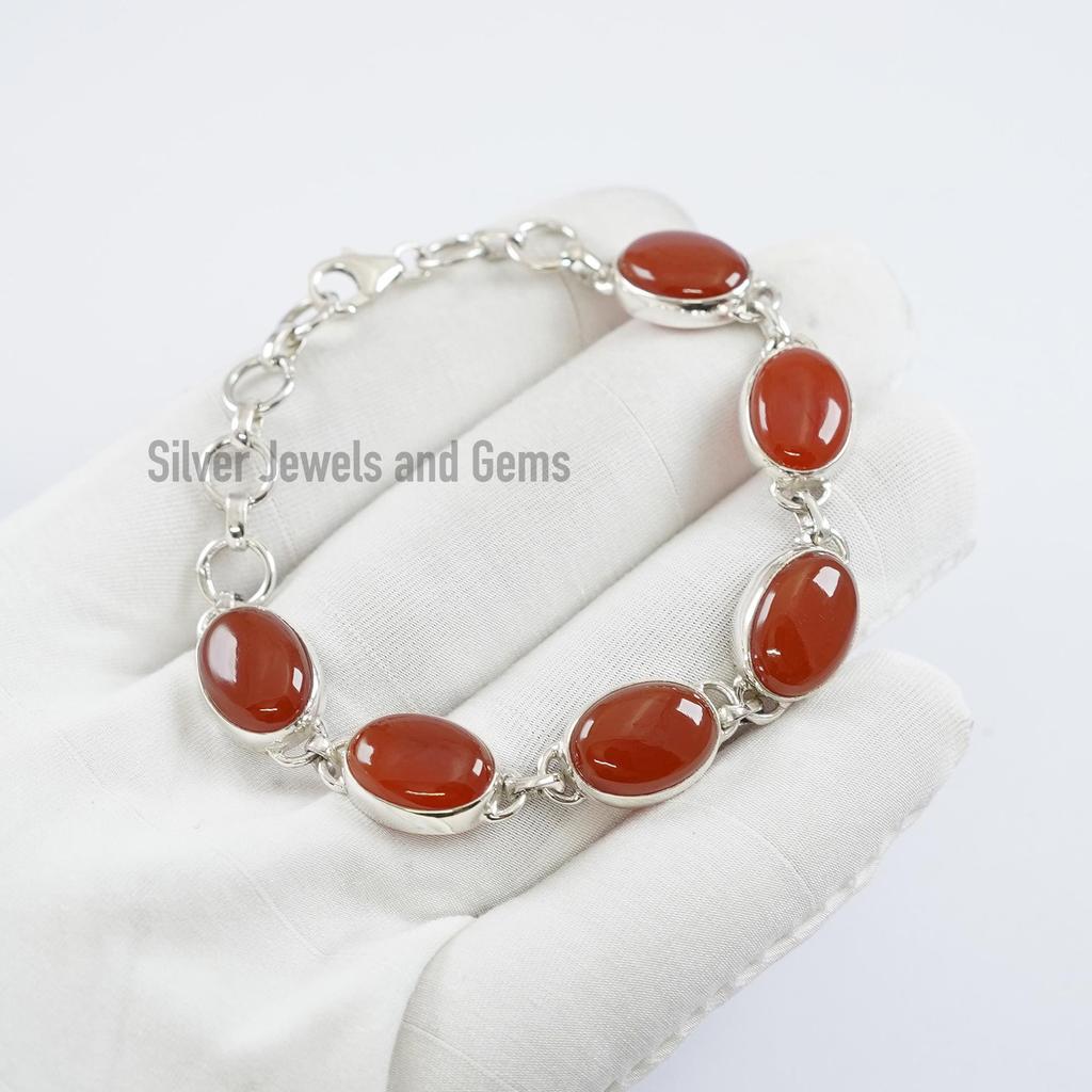 Handmade Oval Carnelian Bracelet, 925 Sterling Silver Red Gemstone Bracelet