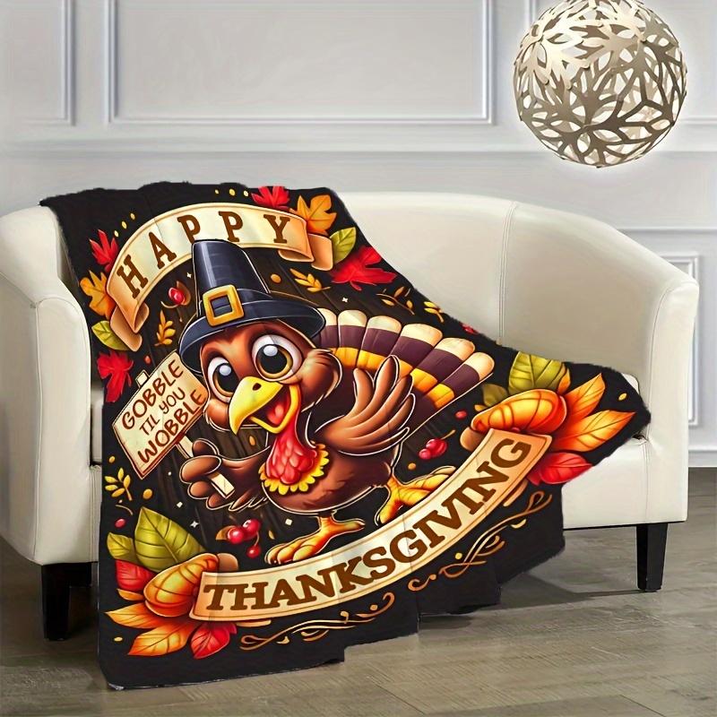 Preppy Style Thanksgiving Turkey Pattern Art Blanket - Digital Print Soft All-Season Multi-Purpose Throw for Nap, Sofa & Travel