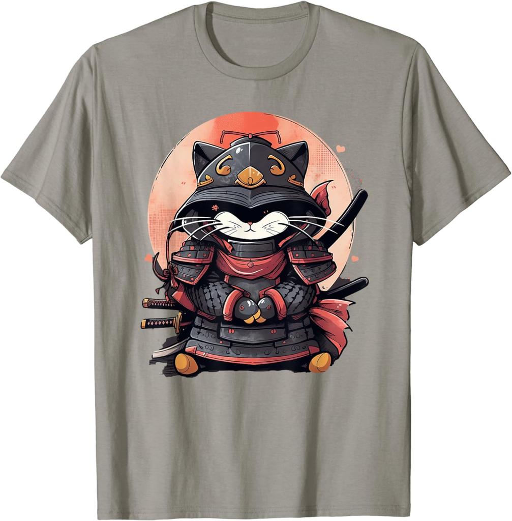 Retro Japanese Cat Samurai tattoo anime streetwear fashion Unisex Hot Sale Crewneck Round Neck Collar graphic Ninja Kawaii TShirt