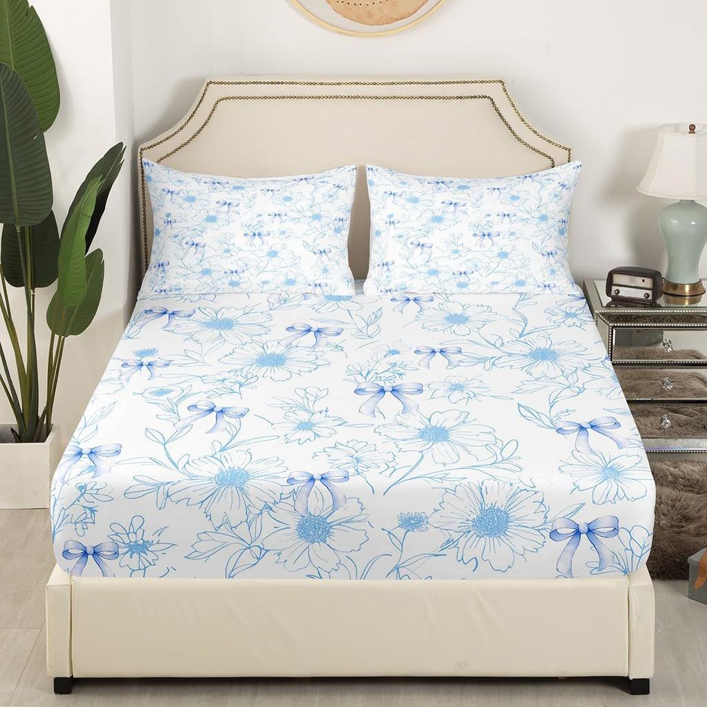 Simple Bow Pattern Mattress Three-Piece Digital Printing Mattress Bedding Set Adult Children