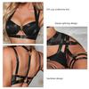 Women Strap On Lingerie Set Underwire Bra Garter Belt Leg Loops Strappy Splicing Nightwear Black S