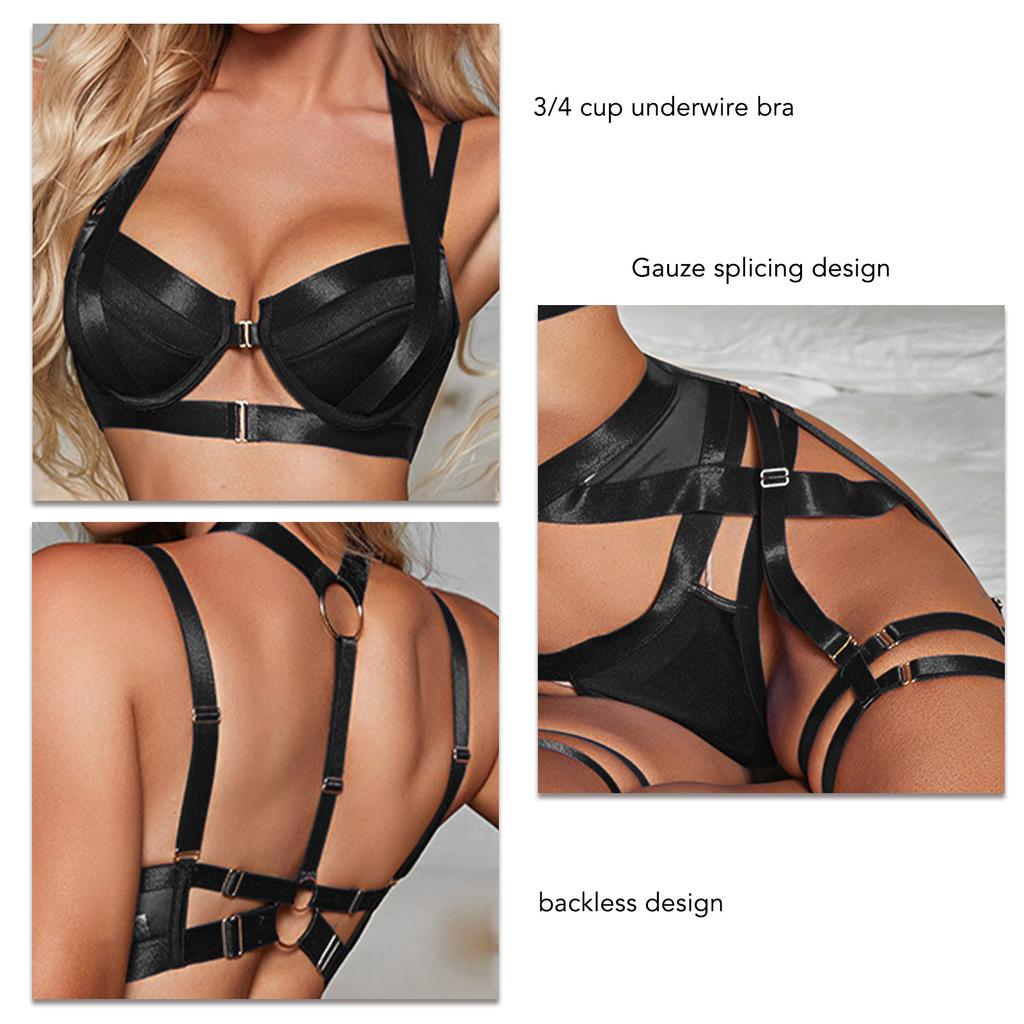 Women Strap On Lingerie Set Underwire Bra Garter Belt Leg Loops Strappy Splicing Nightwear Black S
