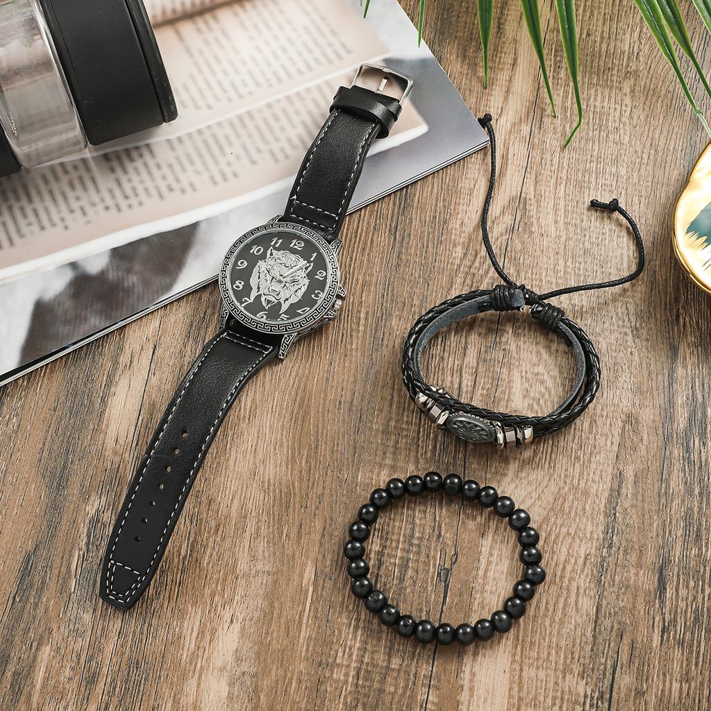 Men's leather wristband with tiger head beads and numbers; no gift box included.