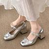 Fashion Women's High Heels Fad Temperament High Quality Retro Bow Elegant Thick Heel Single Shoes Womens Mary Jane Leather Shoes Tacones
