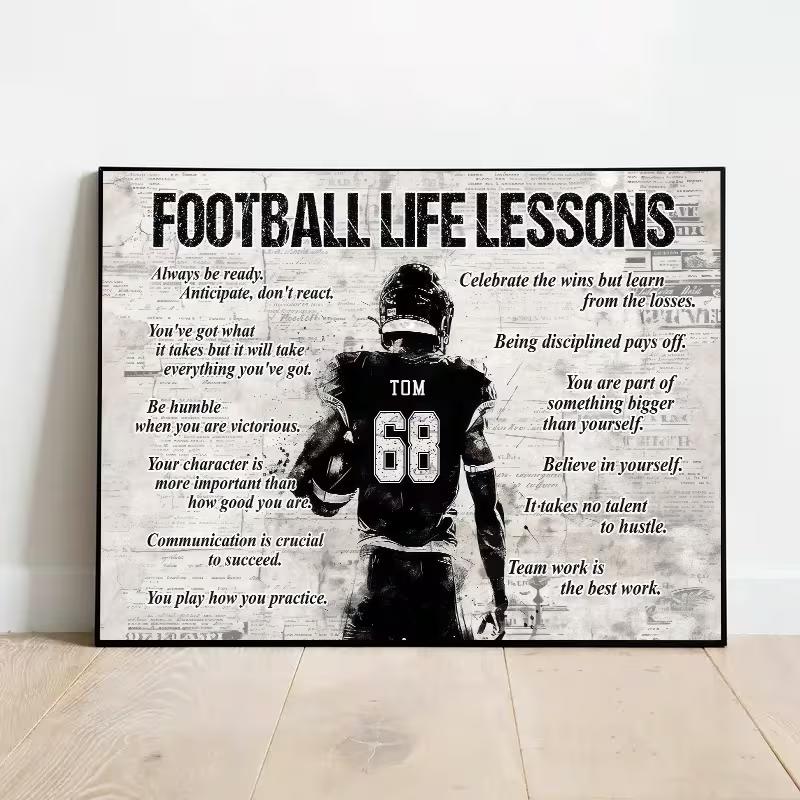 Football Life Lessons Canvas Wall Art Personalized Motivational Sports Decor for Bedroom Living Room Unframed Retro Poster with Inspirational Quotes 20x30cm