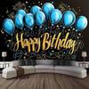 Blue Golden Happy Birthday Party Banner, Glitter Balloon Polyester Backdrop for Home