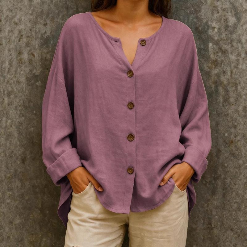 Damen V-Ausschnitt Knopfleiste Bluse Oversize Leinenmischung Freizeithemd