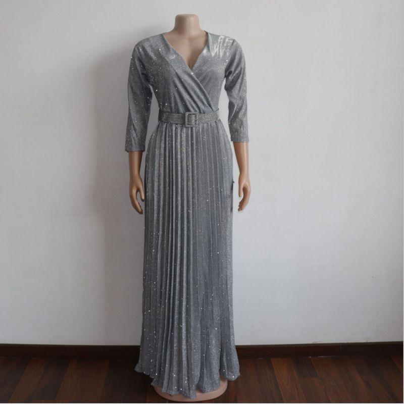 

Африканское сексуальное платье с глубоким V-образным вырезом бронзового цвета с карманом и поясом Gray L