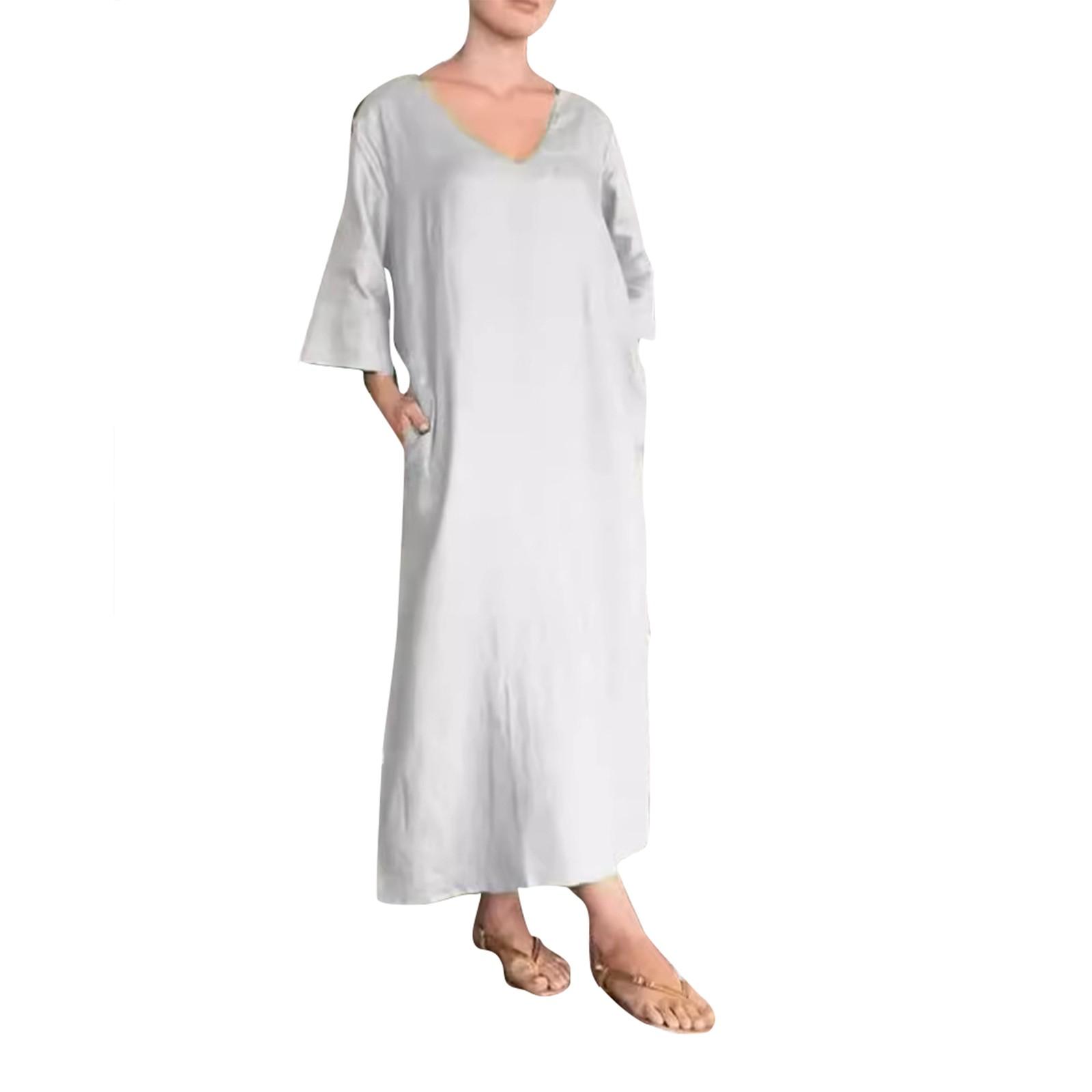 

Женские платья V-образный вырез, семь рукавов, подолы, двойной разрез, свободные длинные платья-рубашки S белый