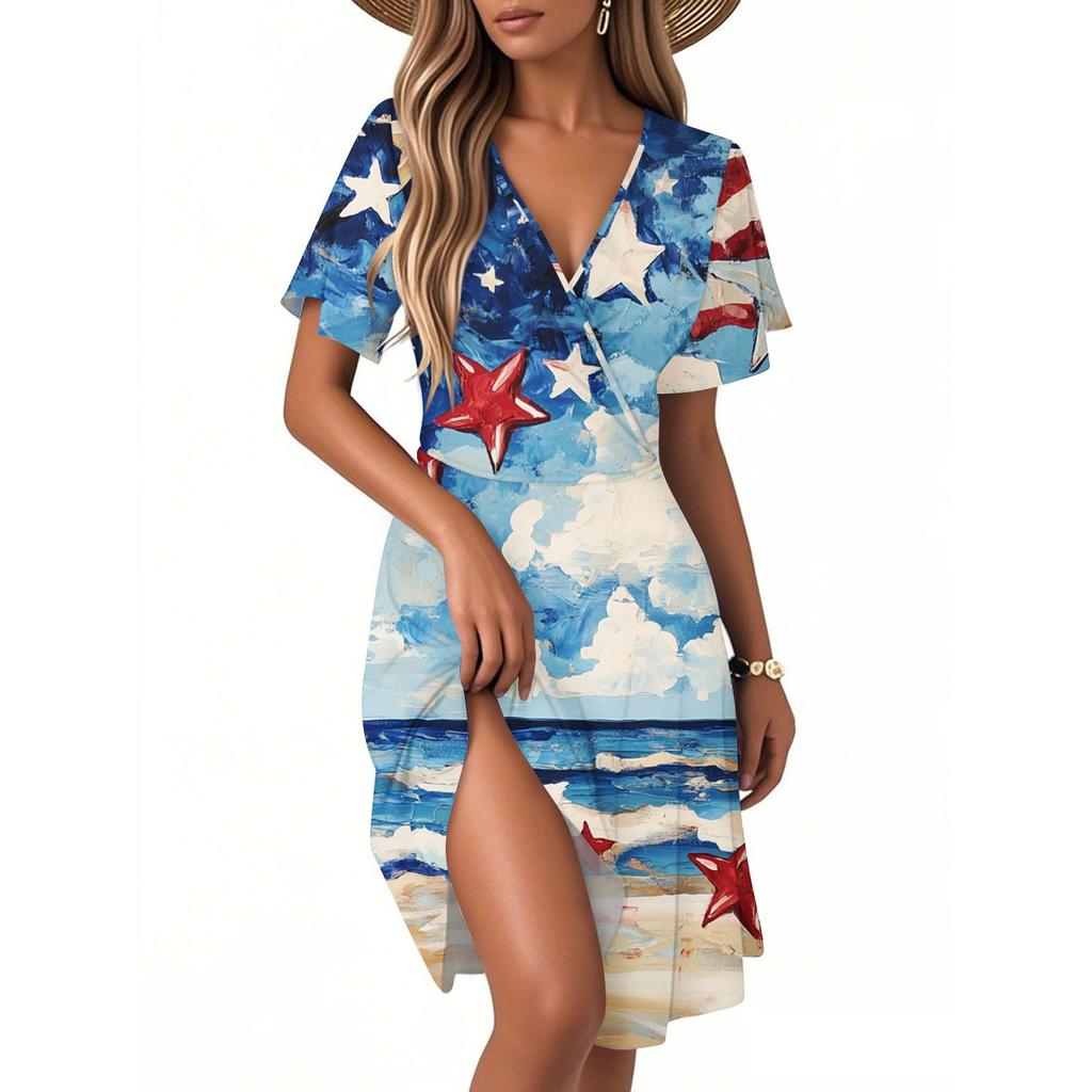 Kvinners Casual Mote Kjole Vintage Blomstermønstret Blomster Kort Erm V-hals Kjole