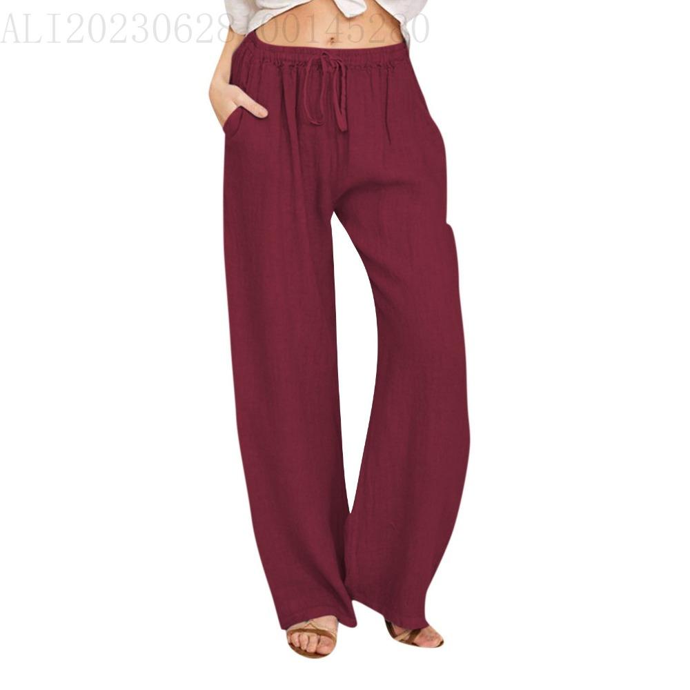 GMXIA Large Size Women's Elastic Waist Long Linen Casual Loose Wide Leg Trousers