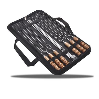 10 szt./zestaw stalowych szpikulców do grilla z uchwytem z drewna, patyczki do grillowania, torba do przechowywania narzędzi do grilla na zewnątrz, kemping