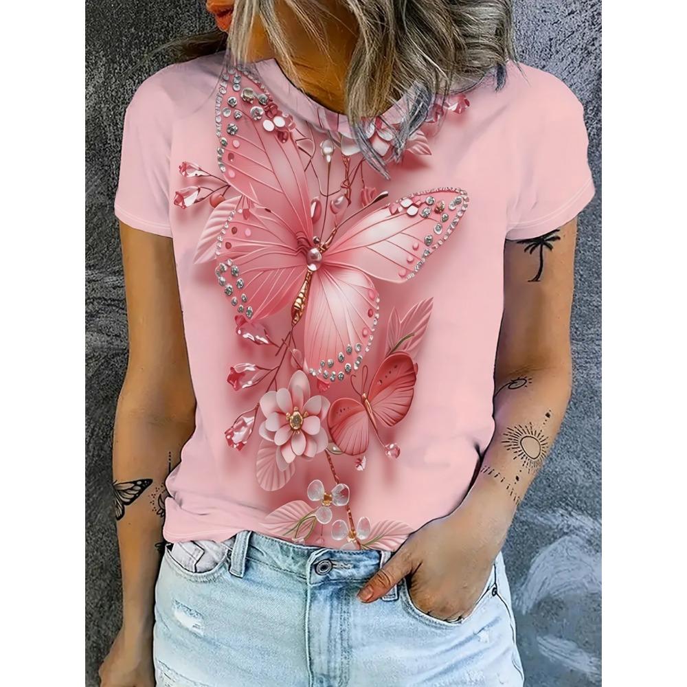 2026 New Summer Women's Round Neck 3D Printed T-Shirt Butterfly Graphics Fashion Short Sleeve Top