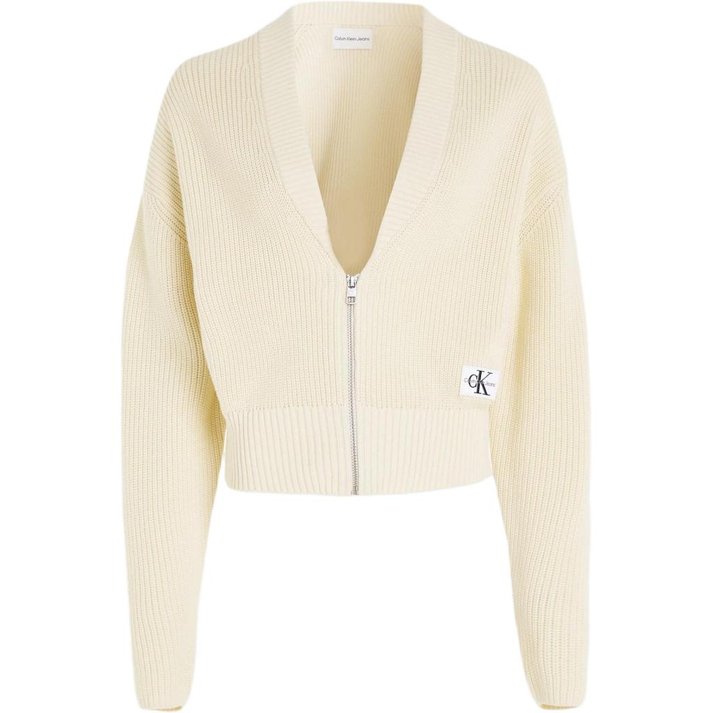 Calvin Klein Jeans Simple Casual V-Neck Loose Long Sleeve Knit Sweater Women Tops Vanilla J20J222623-ZCY